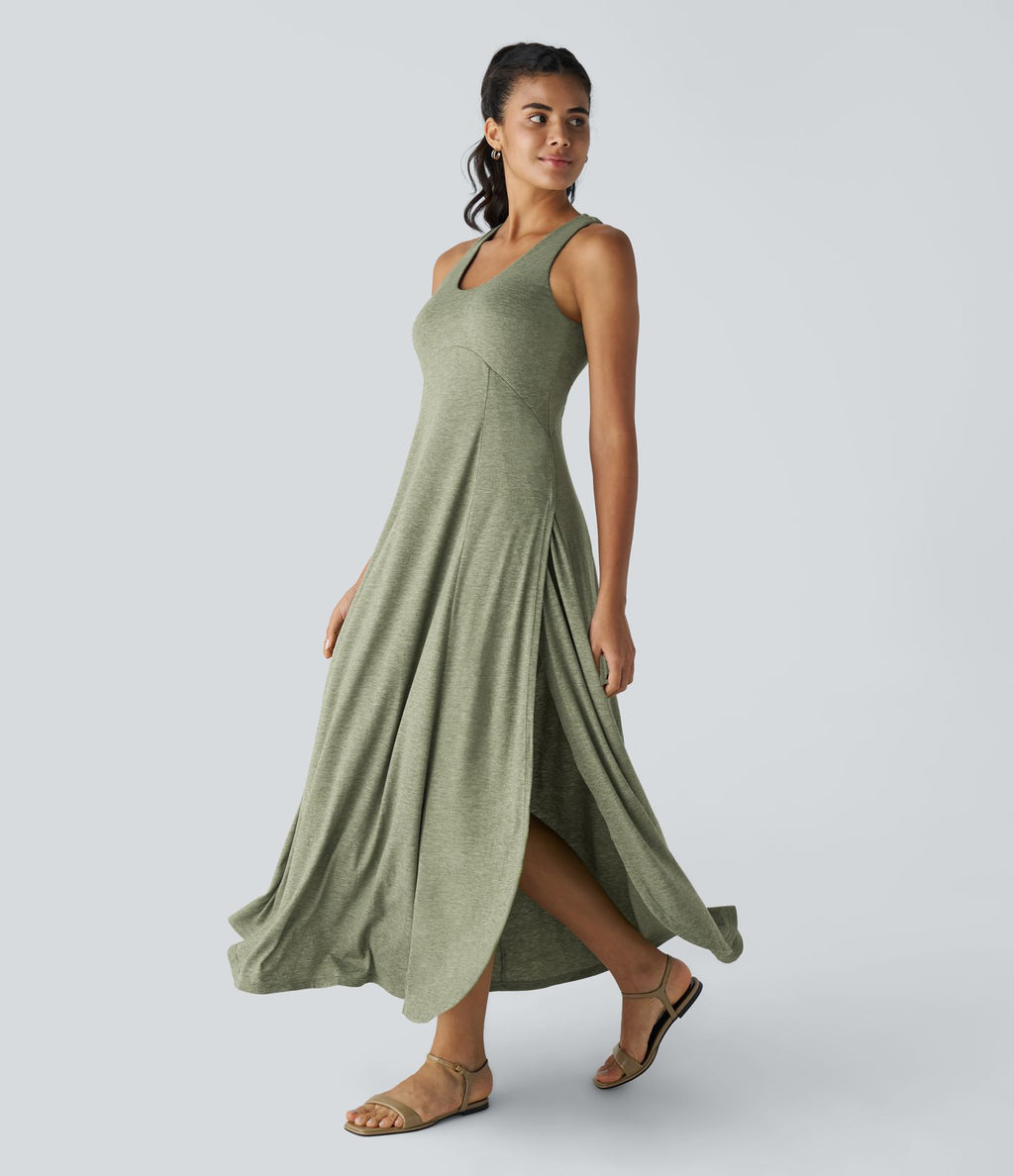 Robe Casual Débardeur Longue Fluide Fendue Dos Nu à Col en U
