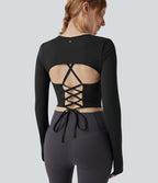 Haut de sport yoga court 2-en-1 col rond à manches longues avec passants pouces et laçage SoftlyZero™ Airy - UPF50+