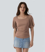 T-shirt décontracté maille côtelée col carré manches papillon froncé