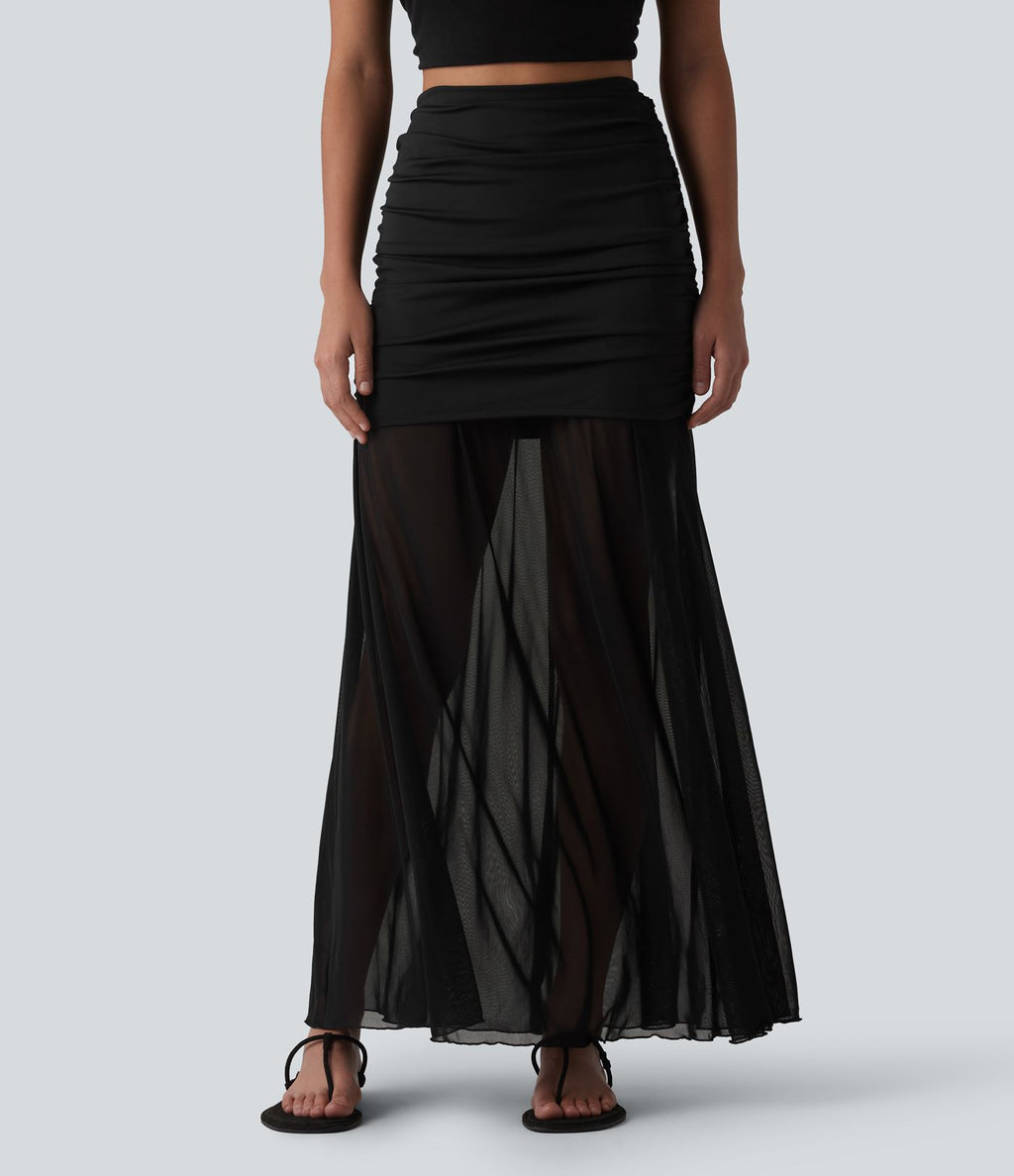 Jupe longue décontractée 2-en-1 taille haute froncée en tulle fluide