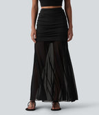 Jupe longue décontractée 2-en-1 taille haute froncée en tulle fluide