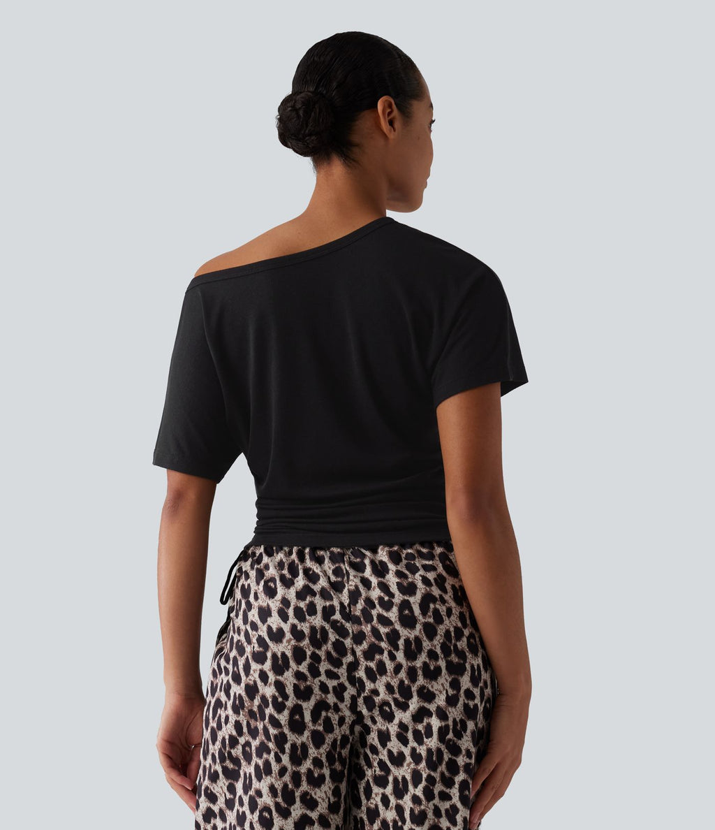 T-shirt décontracté asymétrique manches courtes avec cordon de serrage mélange laine