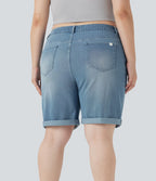 Short bermuda casual denim grande taille Halara Flex™ tricot extensible délavé taille haute multiples poches ourlet roulotté
