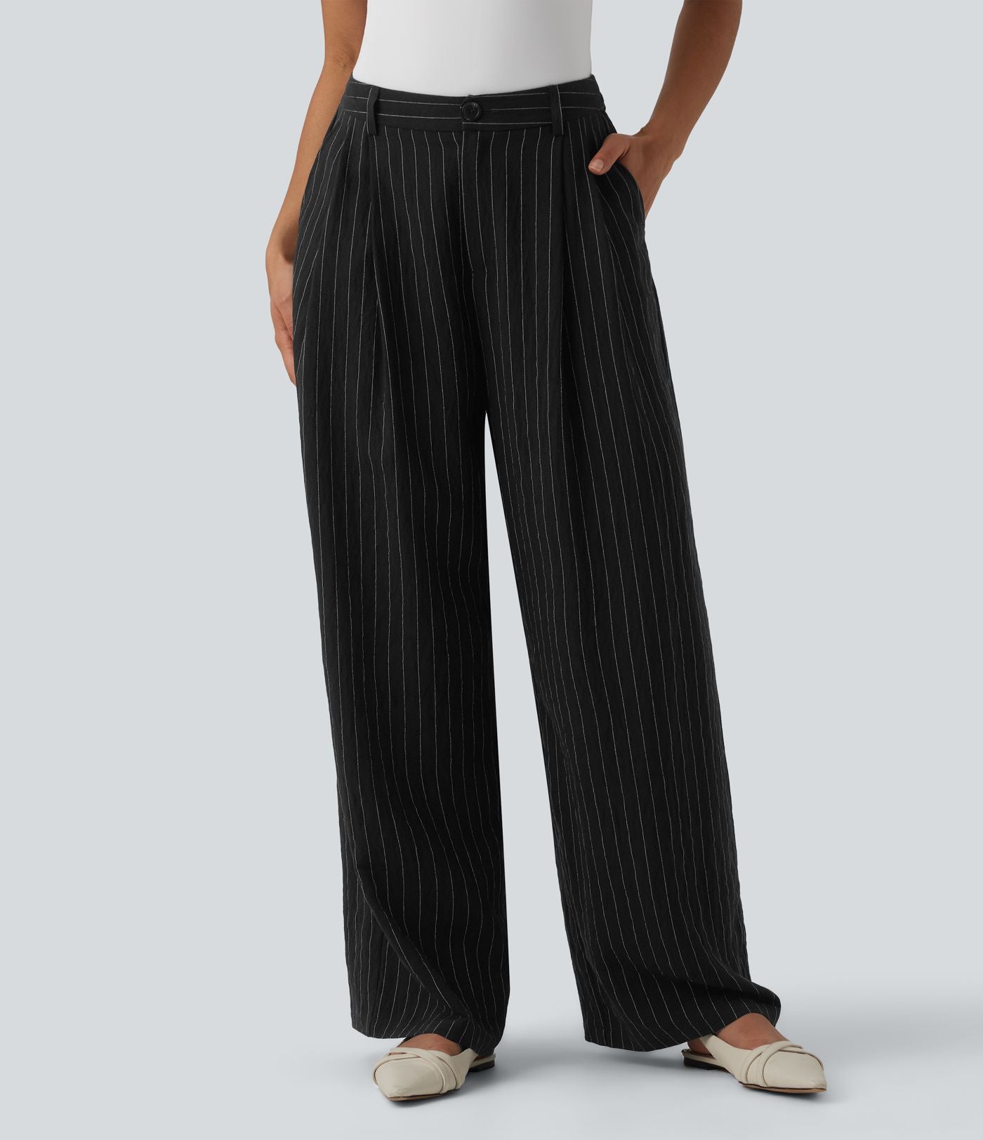 Pantalon bureau taille haute rayé, coupe ample avec poches