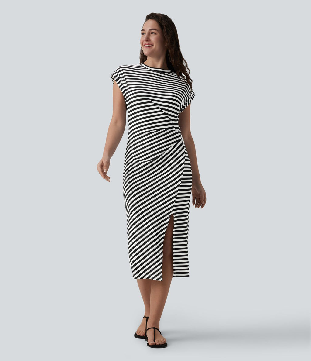 Robe T-shirt casual midi col rond manches courtes rayures gauffrées à ourlet asymétrique fendu
