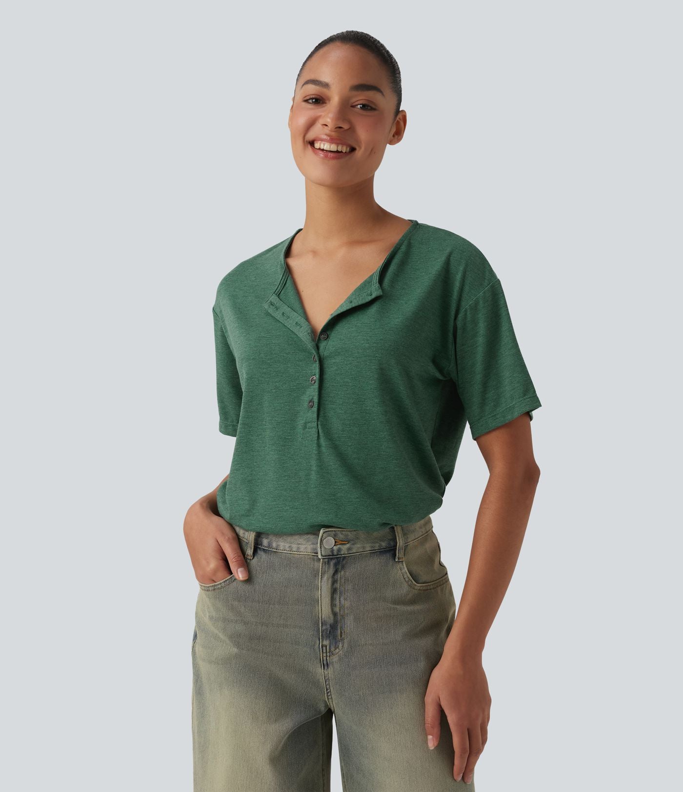 T-shirt casual ample chiné henley manches courtes