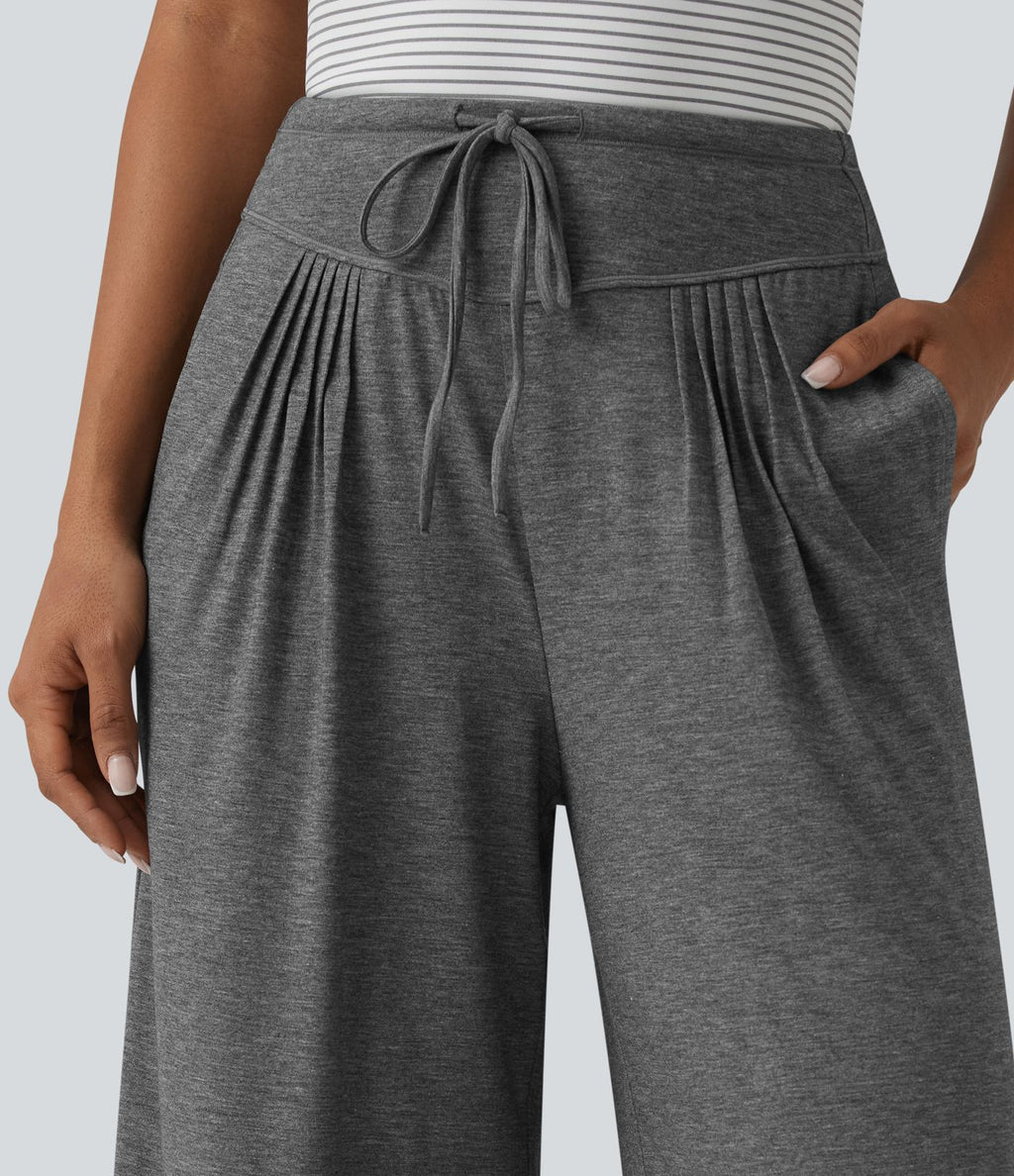 Pantalon casual ample chiné à plis taille haute avec cordon de serrage et poches