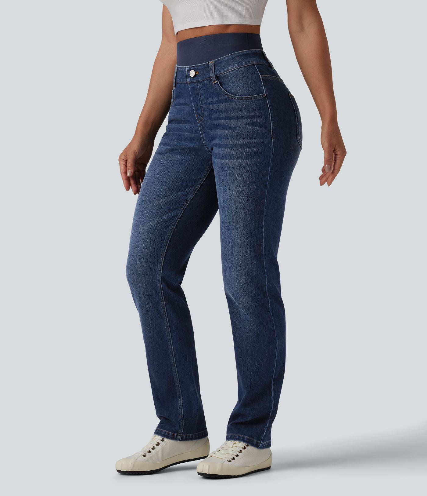 Jean ajusté décontracté Halara Flex™ double ceinture gainant taille haute avec poches
