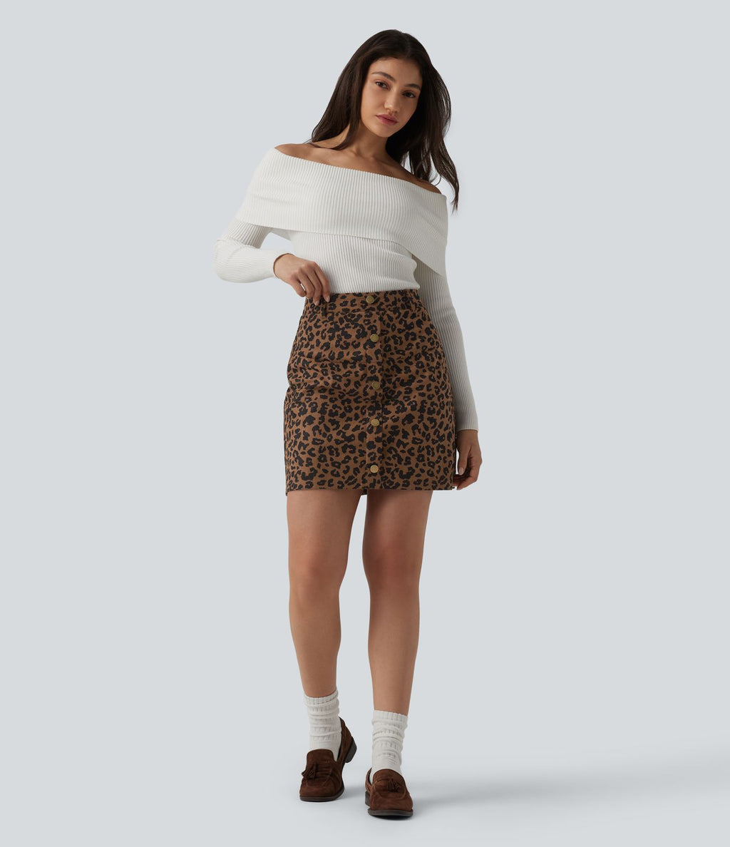 Jupe mini casual 2-en-1 léopard taille haute avec poche — Longueur allongée