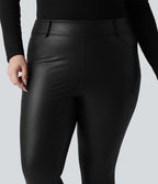 Legging grande taille en simili stretch doublé polaire, taille haute avec poches