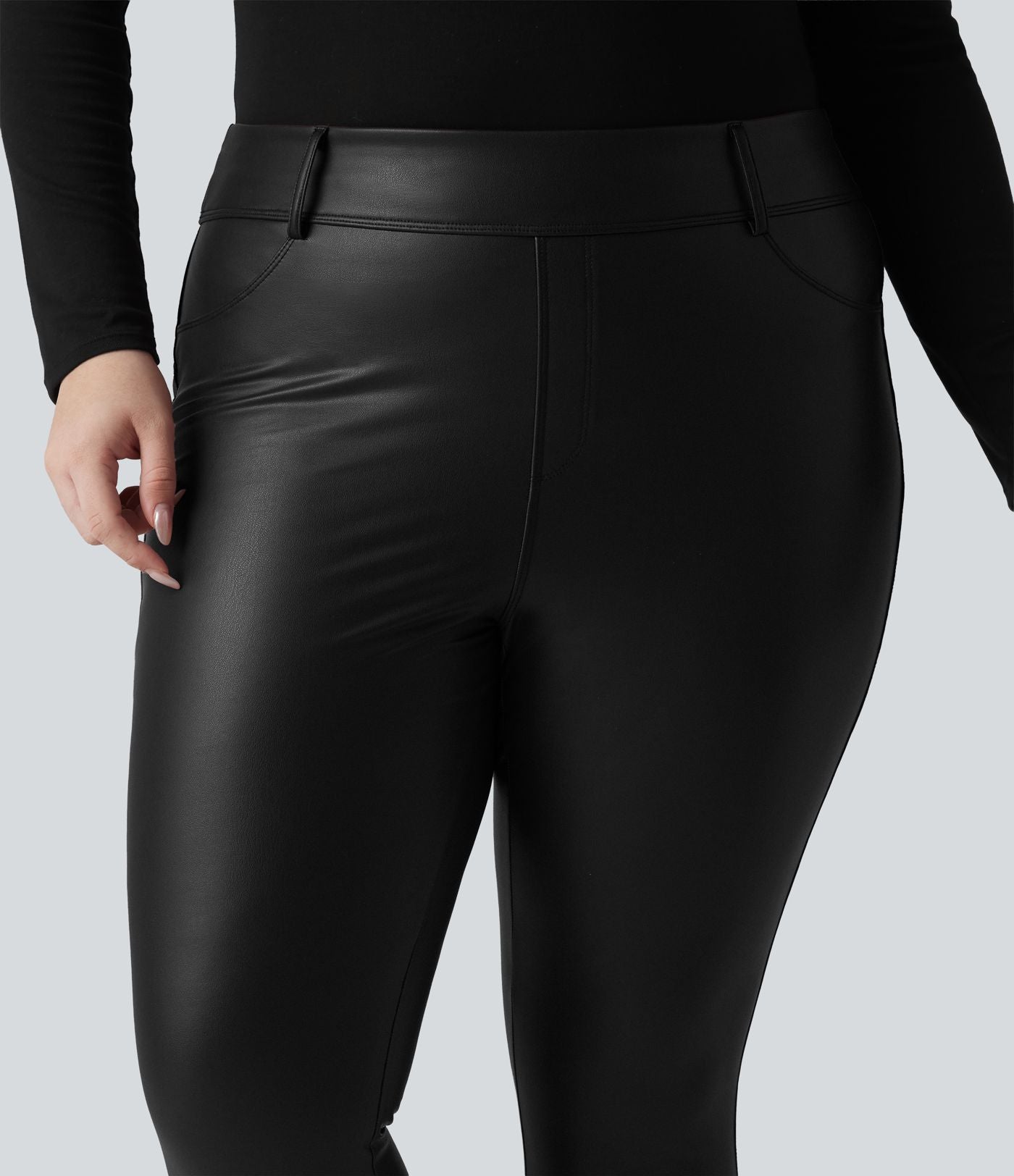 Legging grande taille en simili stretch doublé polaire, taille haute avec poches