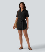 Combishort chemise manches courtes effet lin, avec ceinture et poche