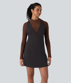Robe courte rayée col en V bretelles ajustables à boutons