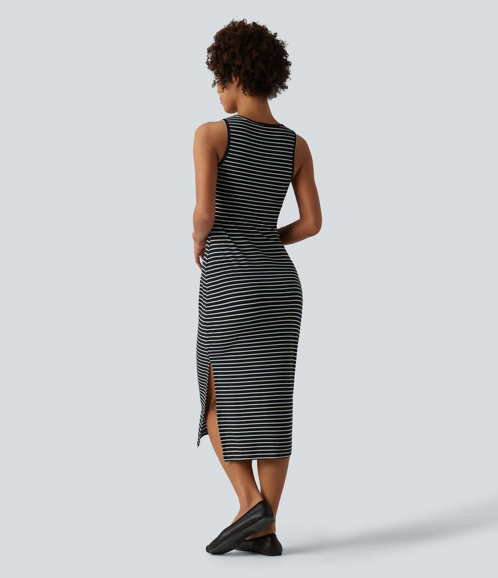 Robe midi moulante casual col rond sans manches à rayures