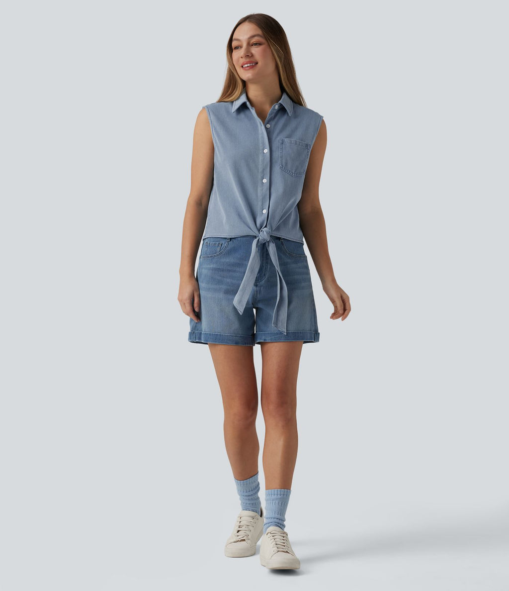 Halara Flex™ Chemise décontractée en denim sans manches à nouer sur le devant avec poche