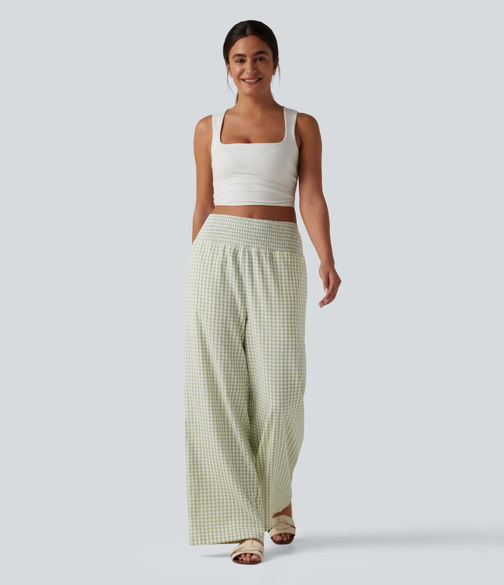 Pantalon large casual taille haute froncé à carreaux vichy avec poches