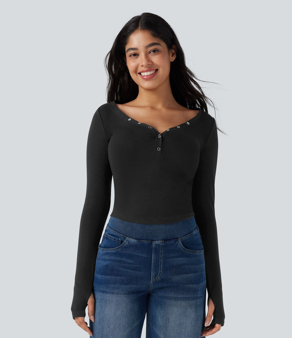 T-shirt court col cœur manches longues avec trous pouces