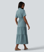 Robe-chemise midi fluide et décontractée en popeline extensible à manches courtes et poches