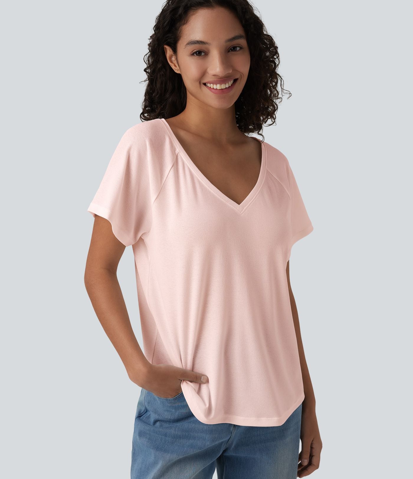 T-shirt casual col V manches raglan courtes coupe ample