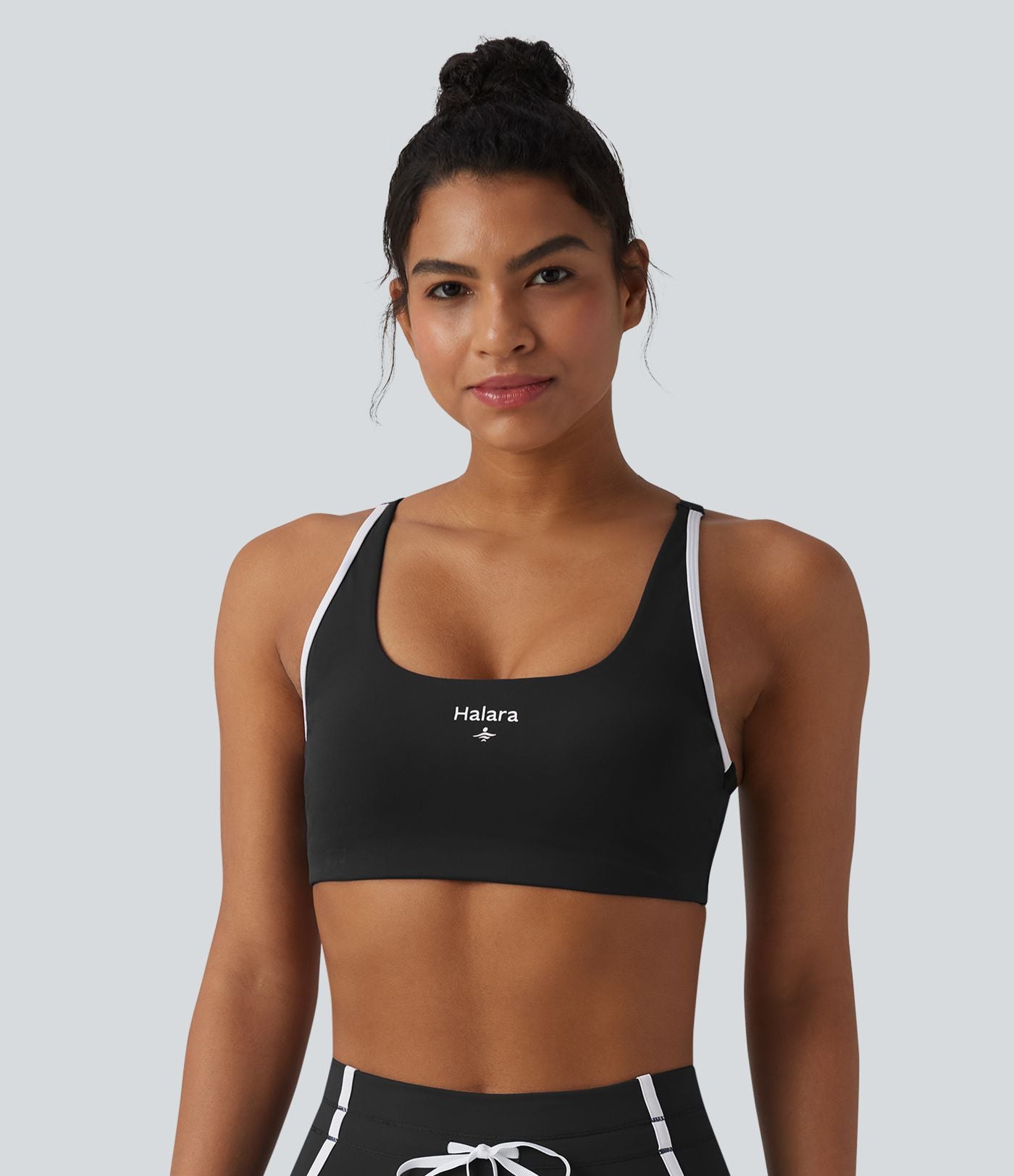 Brassière de sport yoga col U échancré color block imprimé lettrage avec brassière intégrée maintien léger