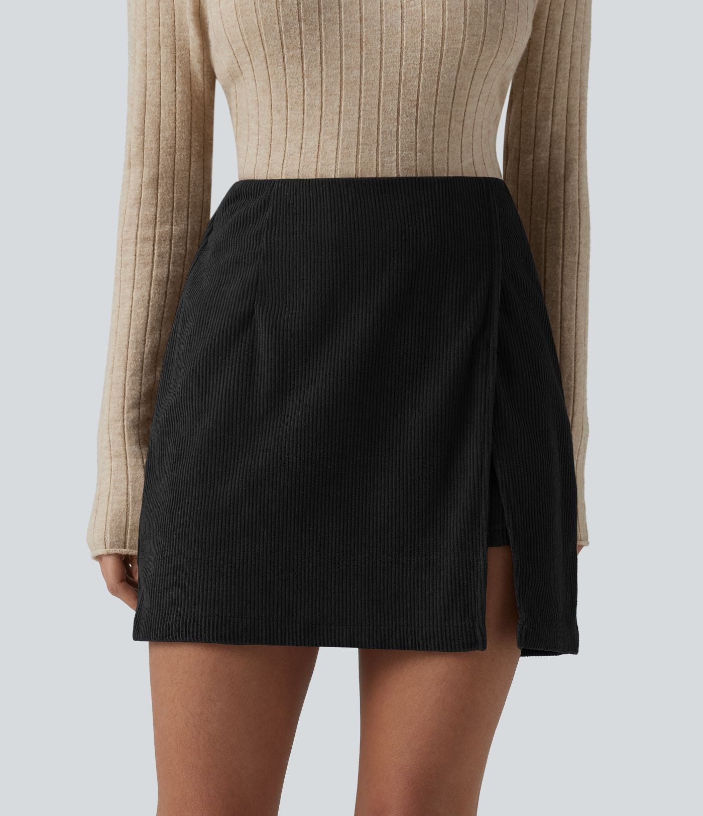 Jupe-short décontractée taille haute en velours côtelé avec zip arrière et fentes - Longueur plus longue