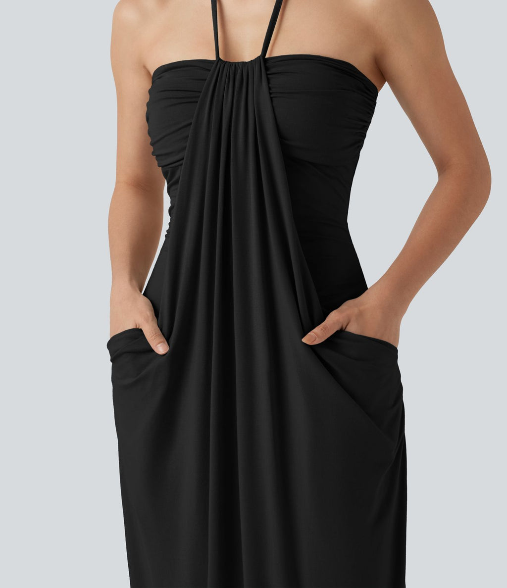 Robe midi de plage à col halter avec brassière intégrée, lien noué au dos et poches