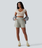 Short sweat décontracté ample taille haute plissé avec poches