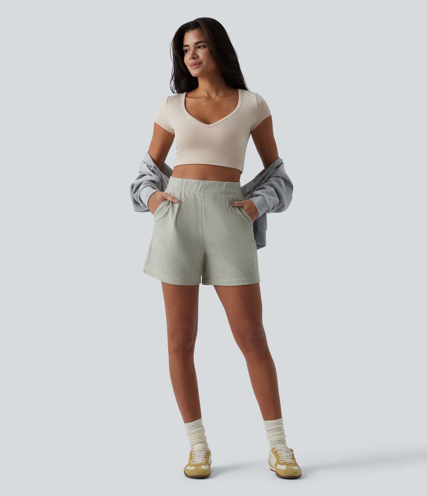 Short sweat décontracté ample taille haute plissé avec poches