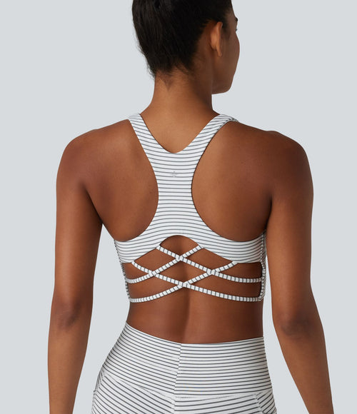 Brassière de sport yoga à rayures dos nageur croisé maintien léger avec soutien-gorge intégré