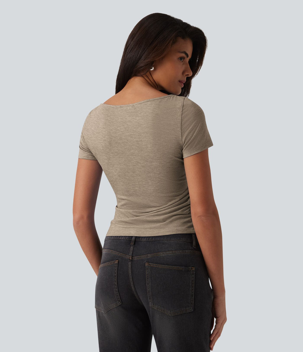T-shirt décontracté col bateau manches courtes froncé
