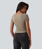 T-shirt décontracté col bateau manches courtes froncé