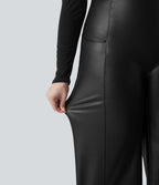 Pantalon flare grande taille en simili stretch doublé polaire, taille haute effet ventre plat avec poches