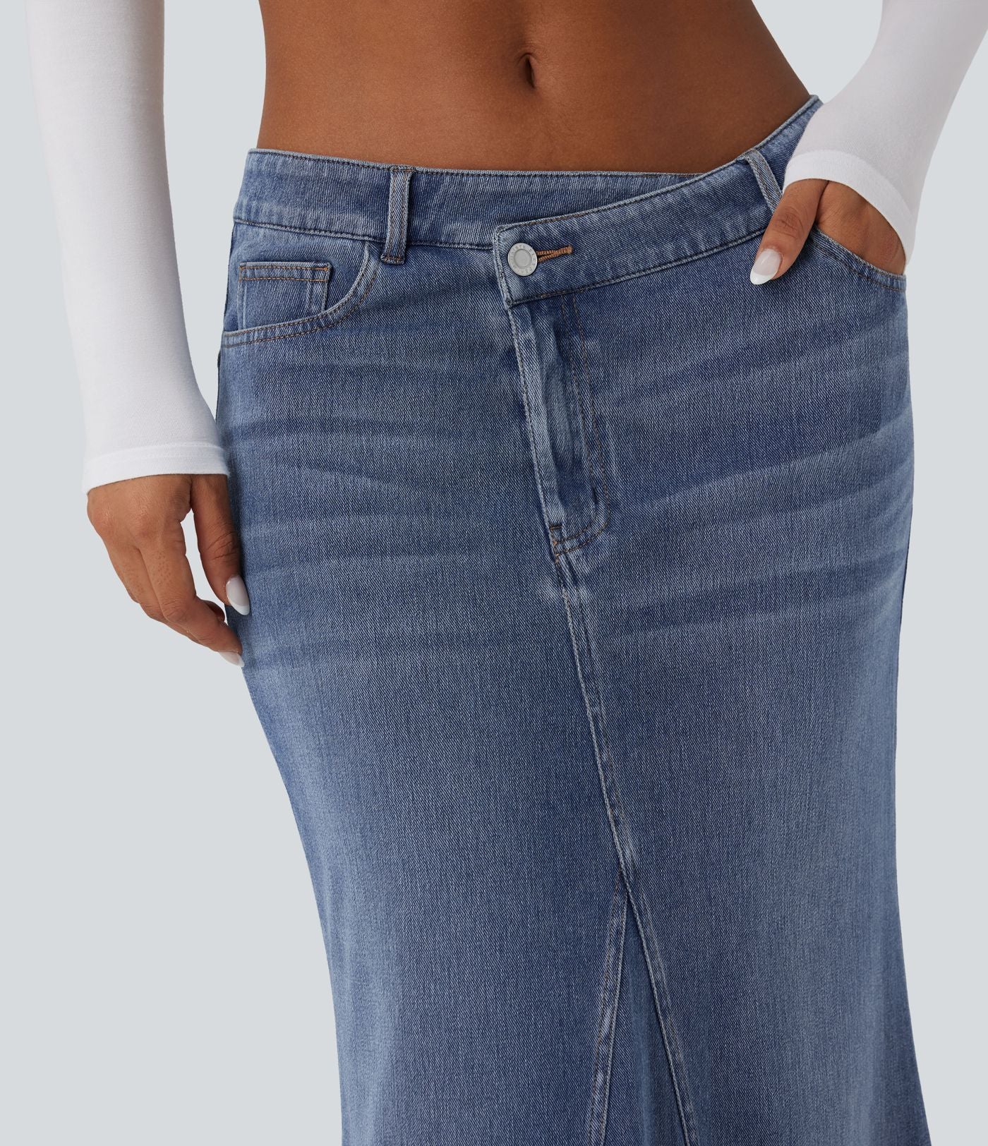 Jupe maxi denim sirène asymétrique fendue Halara Flex™ taille basse avec poches