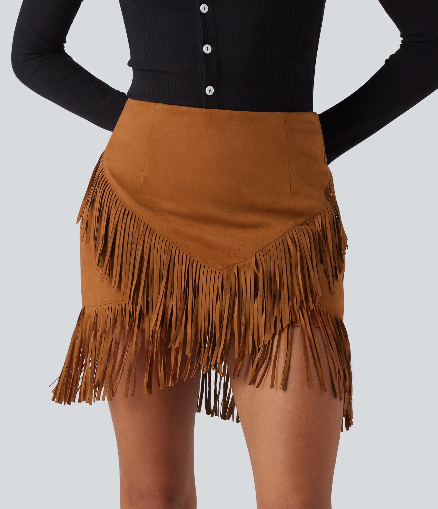 Jupe mini moulante décontractée 2-en-1 effet daim taille haute à franges