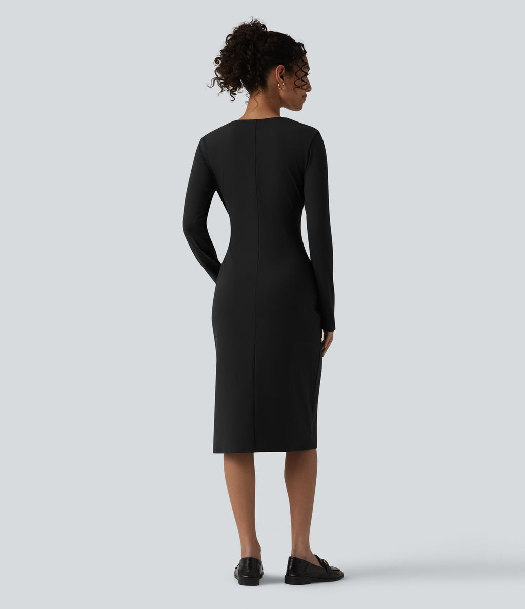 Robe midi col V manches longues froncée avec fente - Idéale pour le bureau