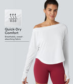 Top de sport yoga asymétrique une épaule manches longues avec trou pour le pouce, ourlet arrondi asymétrique et séchage rapide