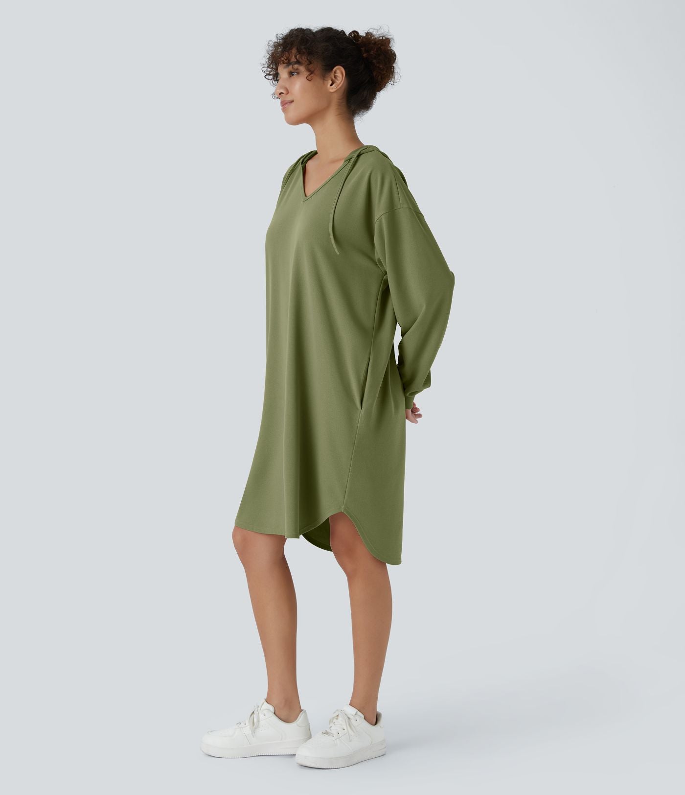 Robe Sweatshirt Casual à Capuche avec Cordon Poches Latérales Ourlet Courbé Asymétrique Oversize Mini en Tissu Gaufré