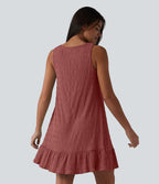 Robe courte décontractée sans manches à col rond, soutien-gorge intégré et ourlet à volants
