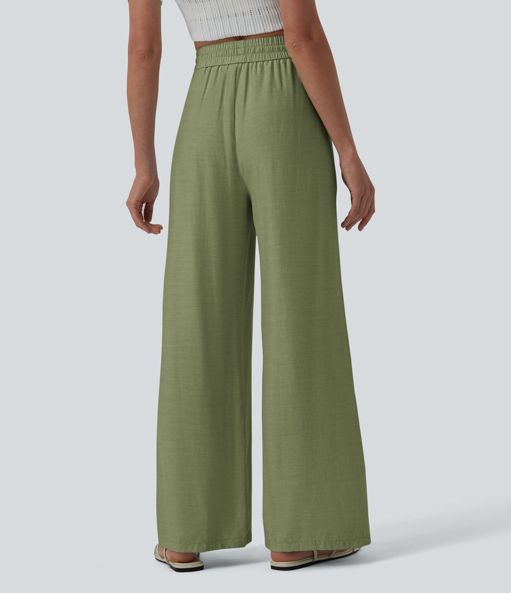 Pantalon casual large mélange lin taille haute avec cordon de serrage et poches