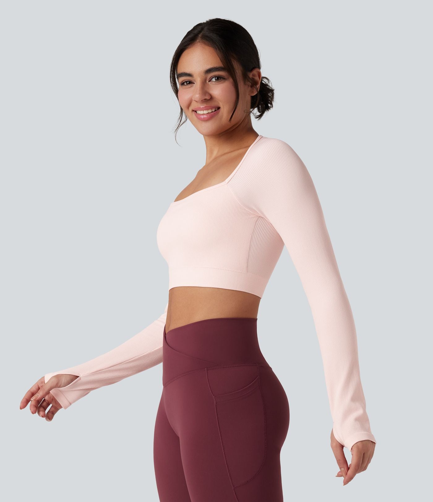 Haut de sport yoga court à manches longues avec passants pouces sans couture Seamless Flow