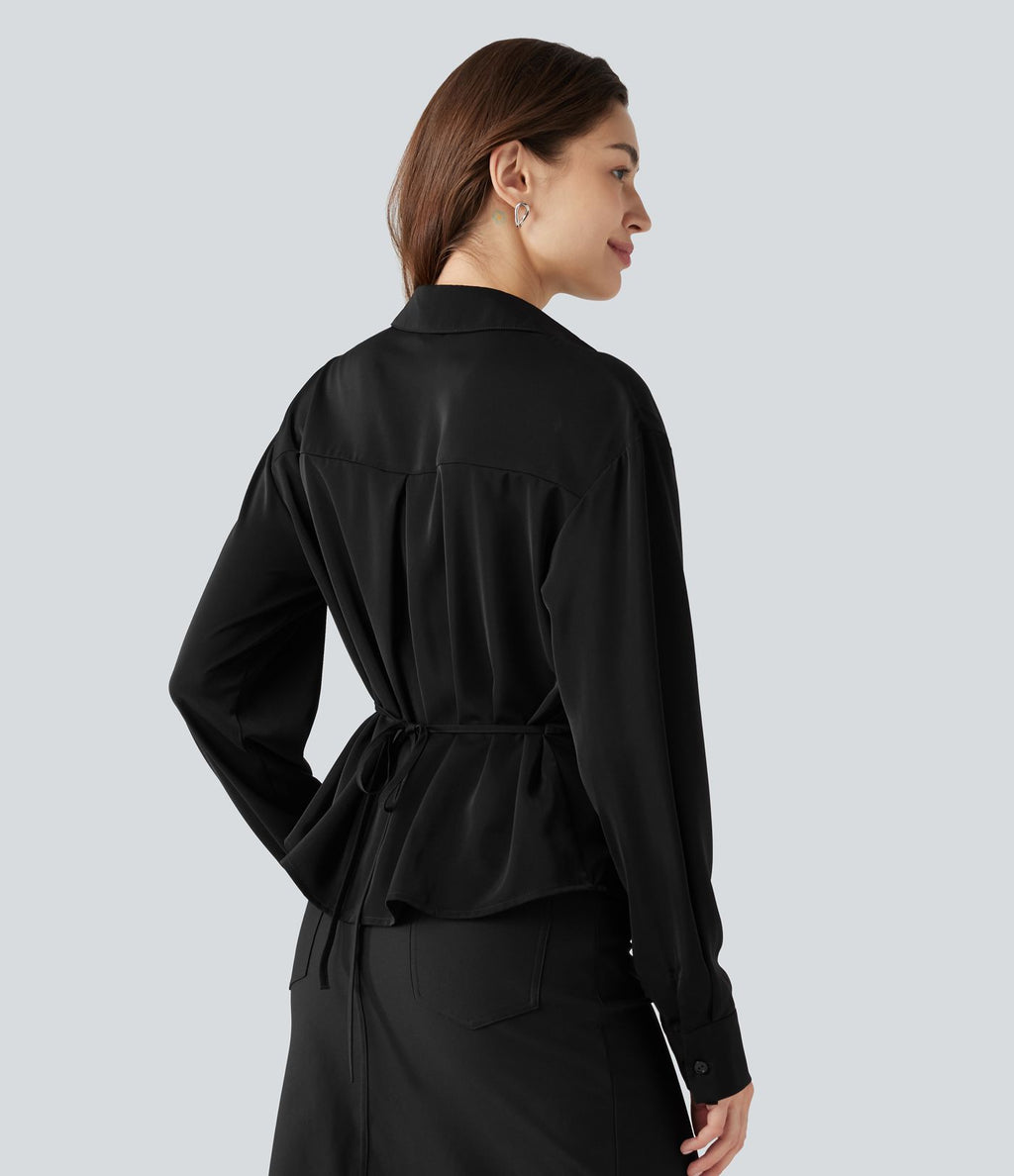 Chemise esprit bureau défroissage facile, col V, dentelle contrastée, manches longues, lien au dos et détail torsadé