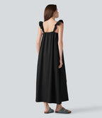 Robe casual fluide midi sans manches col carré avec bordure à volants et poches