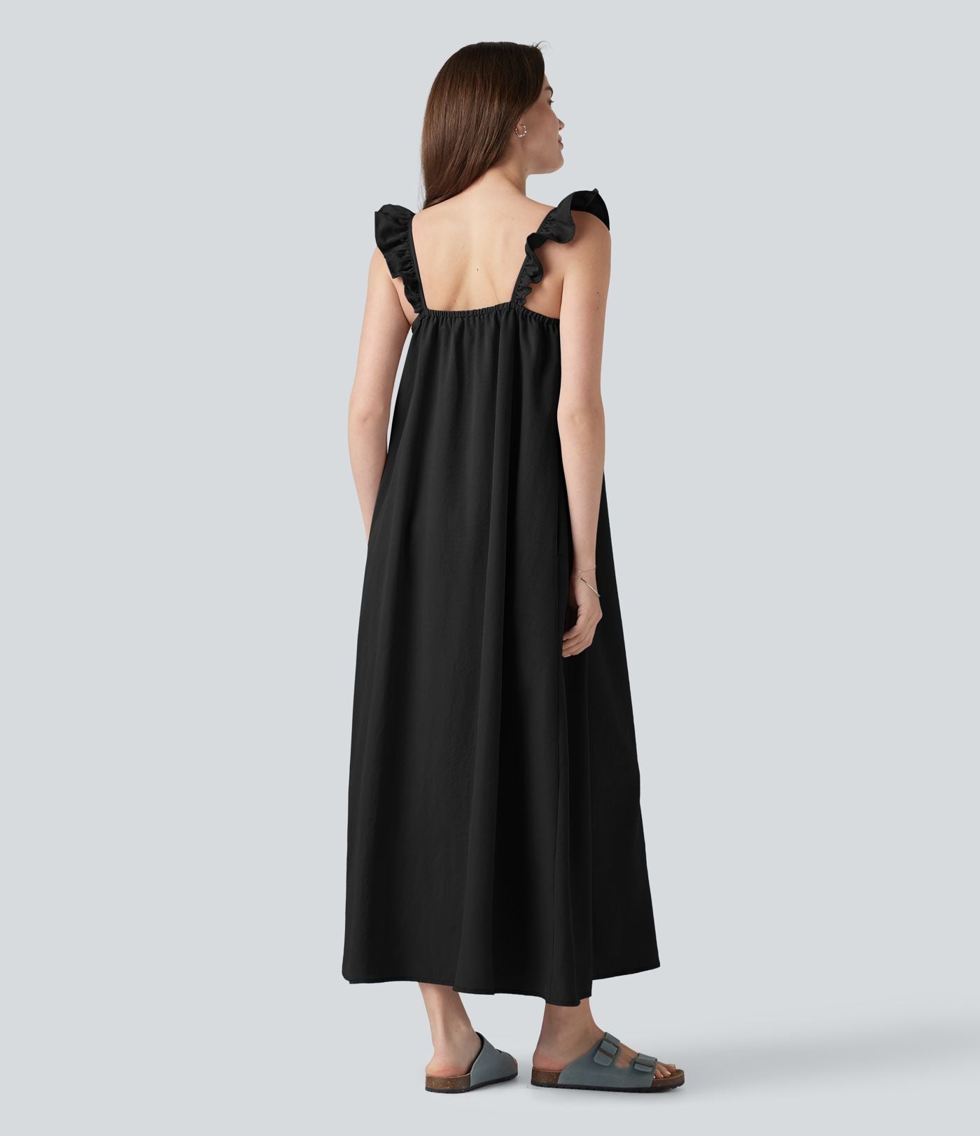 Robe casual fluide midi sans manches col carré avec bordure à volants et poches