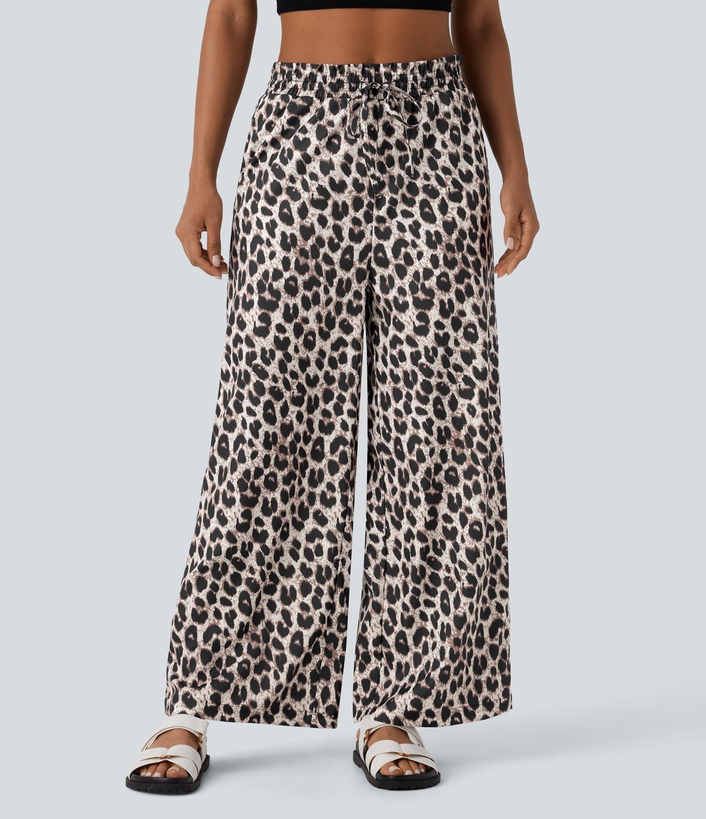 Pantalon large et fluide à imprimé léopard, taille haute avec cordon de serrage et poches latérales
