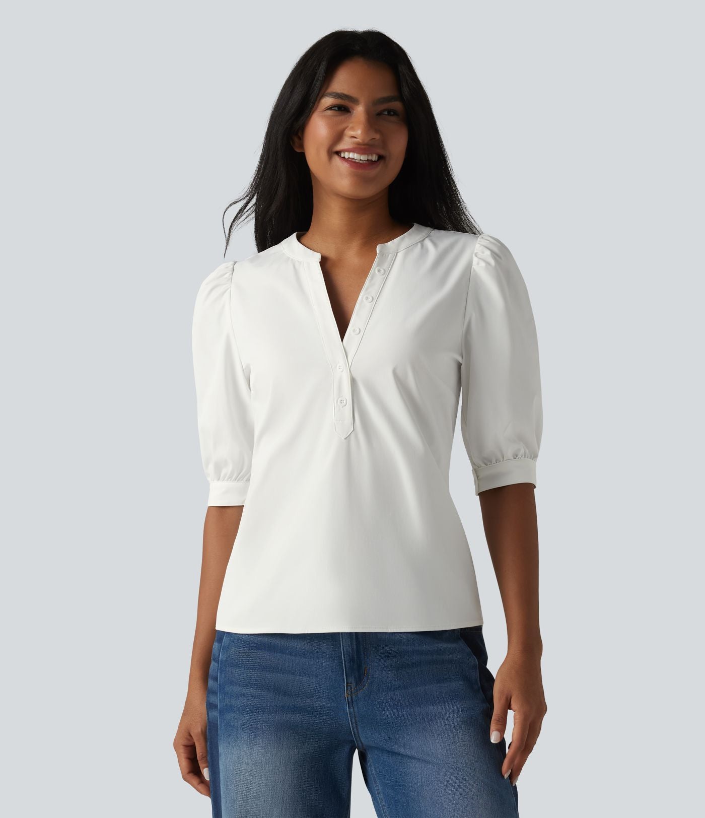 Blouse décontractée col Henley manches bouffantes mi-longues