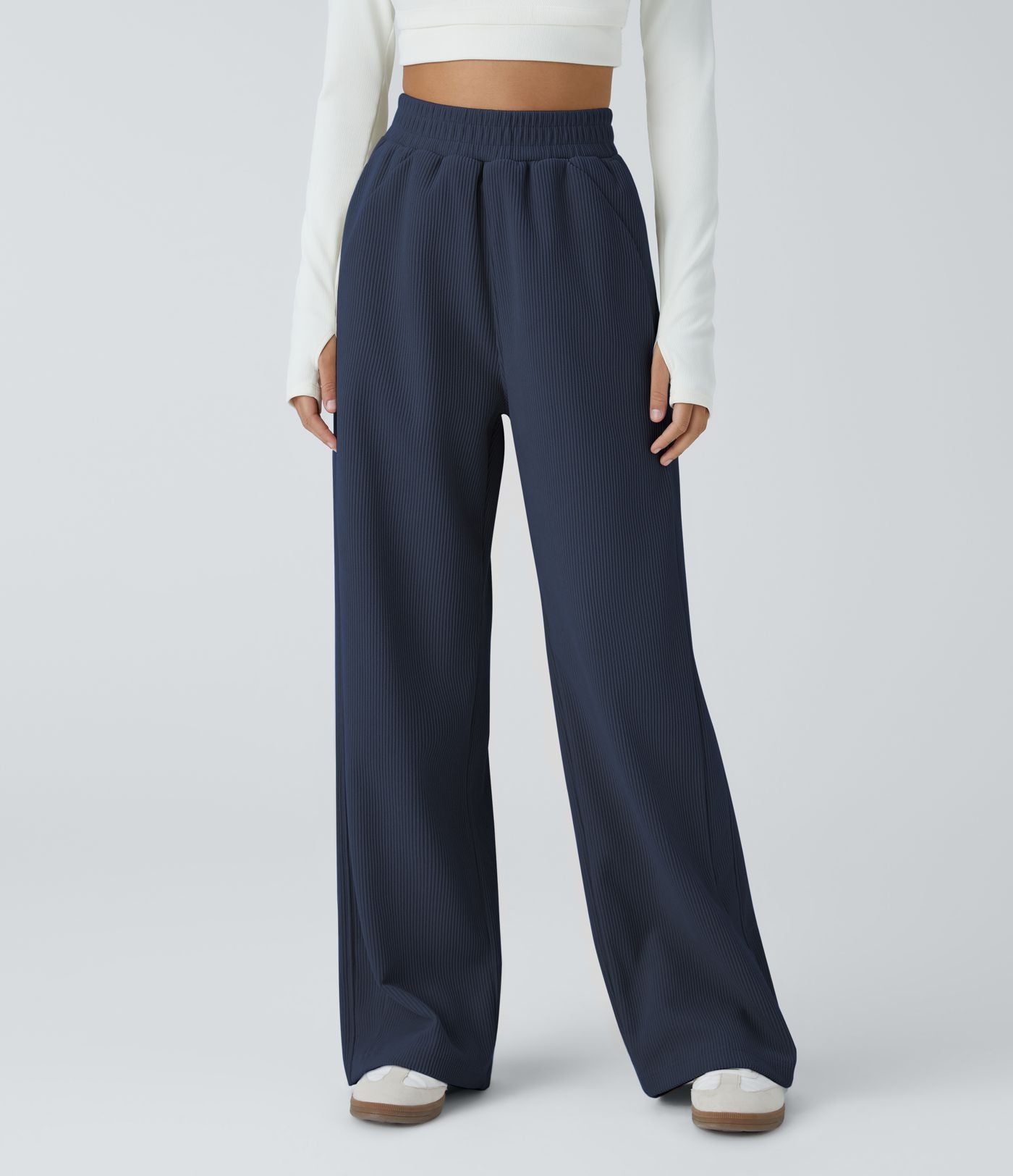 Pantalon velours côtelé de jogging décontracté à taille haute avec poches latérales