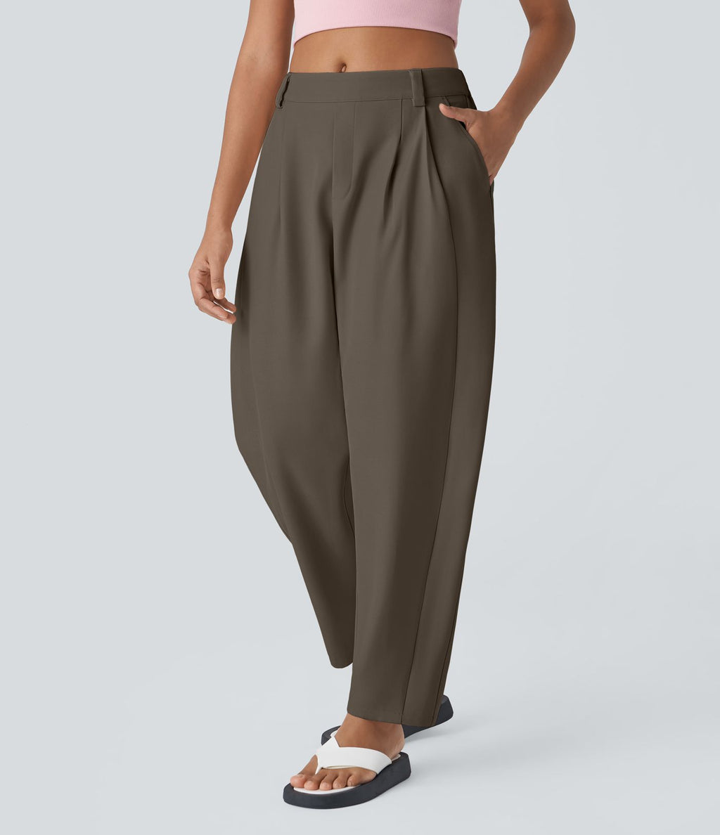 Pantalon tailleur ample, taille moyenne, coupe barrel, à poches