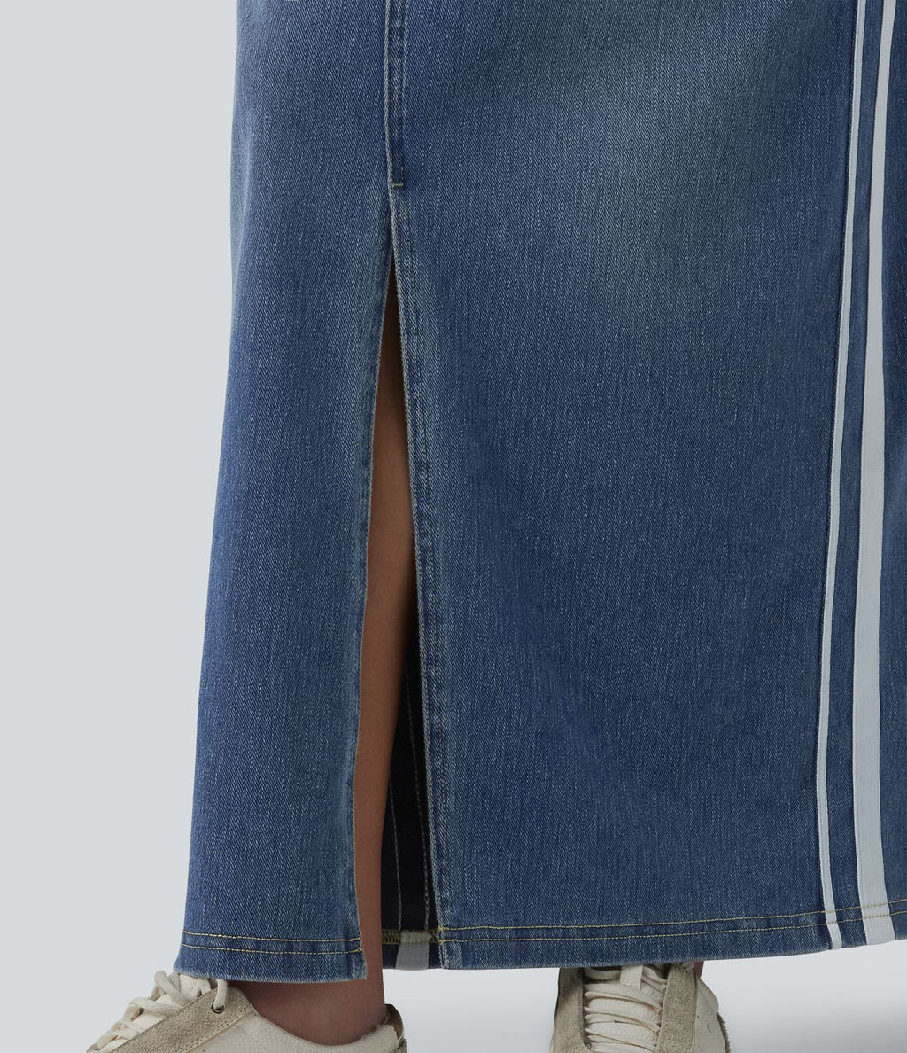 Jupe en jean longue décontractée délavée à rayures taille haute Halara Flex™ avec poches