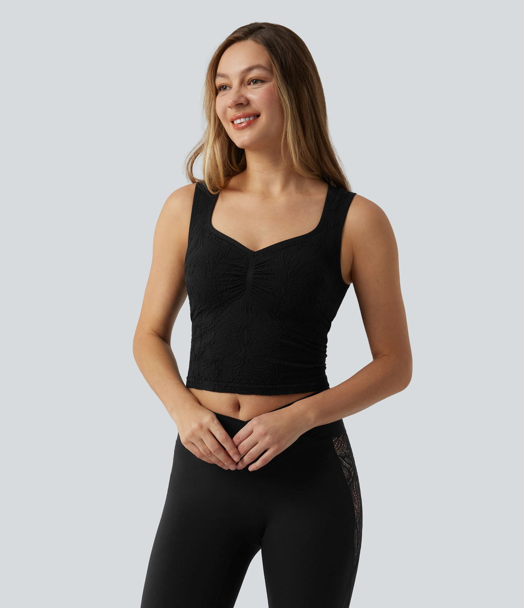 Brassière courte col V en jacquard avec fronces et brassière intégrée