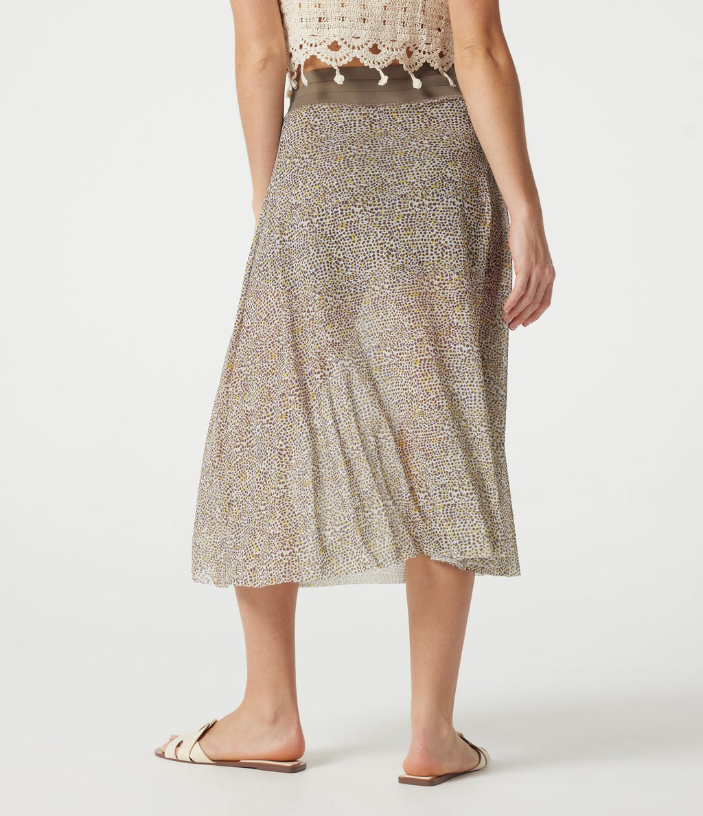 Jupe midi évasée fluide 2-en-1 taille haute imprimé léopard, cordon de serrage et empiècements en maille contrastée, avec poches